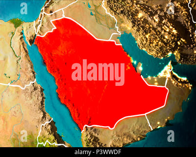 Saudi-arabien am Morgen in rot markiert auf dem Planeten Erde mit sichtbaren Grenzen und die Lichter der Stadt. 3D-Darstellung. Elemente dieses Bild furn Stockfoto