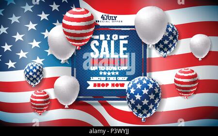 Am 4. Juli. Tag der Unabhängigkeit Verkauf Banner Design mit Ballon auf Flag Hintergrund. USA Nationalfeiertag Vector Illustration mit Angebot Typografie Elemente für Coupon, Gutschein, Banner, Flyer, Werbemittel, Poster oder Grußkarte. Stock Vektor