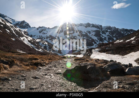 Na trilha Geleira Martial (Glaciar Martial), keine Meditation tun degelo. Eine geleira está localizada ao Norte da Cidade de Ushuaia, Região da Patagônia, na Argentinien. Stockfoto