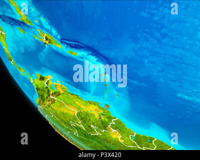 Karibik in Rot hervorgehoben auf dem Planeten Erde mit sichtbaren Grenzen. 3D-Darstellung. Elemente dieses Bild von der NASA eingerichtet. Stockfoto