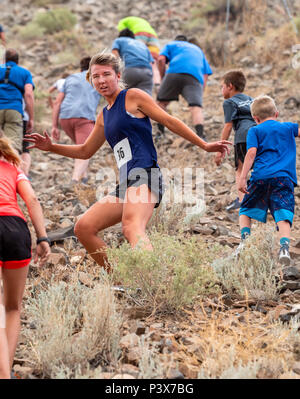 Die Athleten messen sich in einem Wettlauf und steigen 'Berg (Tenderfoot Berg) während der jährlichen Fibark Festival; Salida, Colorado, USA Stockfoto