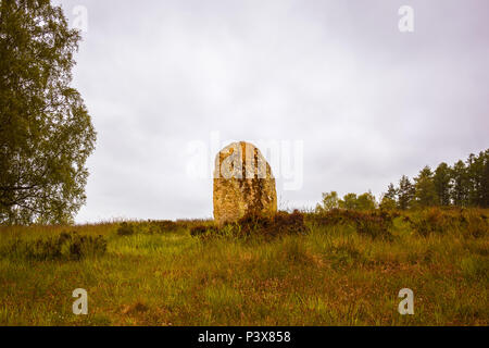 Großen aufrechten Stein in einer prähistorischen Friedhof aus der Bronzezeit, Vatteryd Gräberfeld, Hassleholm, Schweden, 11. Mai 2018 Stockfoto