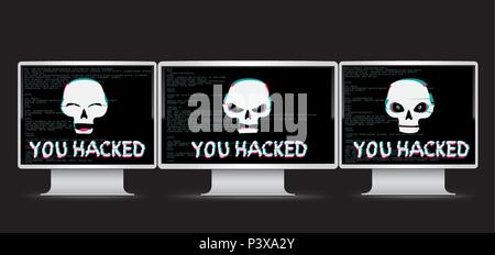 Witzig und wütend White hacker Schädel mit Text auf dem Monitor gerät mit schwarzem Bildschirm und Quellcode auf Hintergrund gehackt. Computerkriminalität gehackt Attac Stock Vektor
