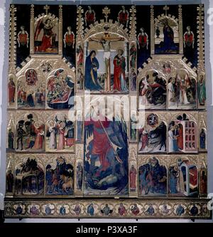 GOTICO RETABLO DE SAN MIGUEL - SIGLO XV. Autor: NICOLAU PERE/ALCAÑI MIGUEL/COLLERIA/MARÇAL DE SAX. Lage: CATEDRAL - MUSEO, SPANIEN. Stockfoto