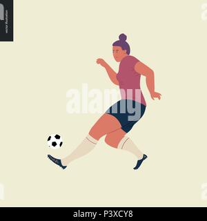 Frauen im europäischen Fußball, soccer Player - Flachbild Vector Illustration einer jungen Frau in den europäischen Fußball-player Ausrüstung treten ein Fußball Stock Vektor