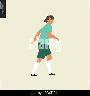 Frauen im europäischen Fußball, soccer Player - Flachbild Vector Illustration eines wandern junge Frau trägt die Europäische Fußball-Ausrüstung Stock Vektor