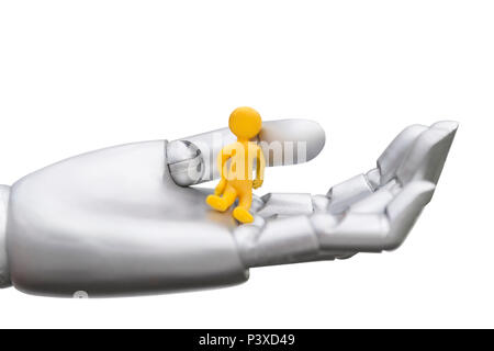 Konzeptionelle Foto von einem Roboter Hand symbolisch mit einem sitzenden Mann. Die Maschine unterstützt Menschen. Mensch kann Ruhe und durchgeführt werden. Vor isoliert Stockfoto