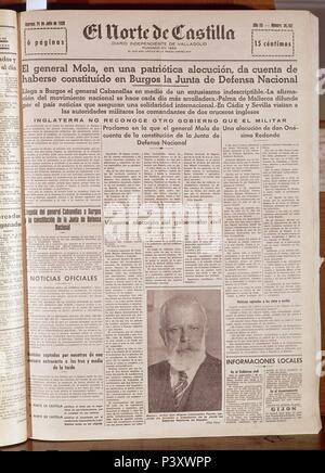 PERIODICO EL NORTE DE CASTILLA - 1936. Lage: Biblioteca Municipal, MADRID. Stockfoto