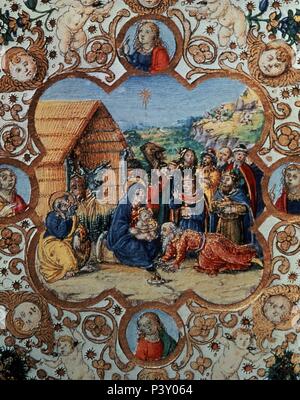 LIBRO DE HORAS DE LORENZO EL MAGNIFICO - DET ADORACION De Los Reyes Magos (KONJ 81086). Lage: LAURENZIANISCHE BIBLIOTHEK, Florenz, Italien. Stockfoto