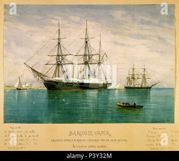 VAPORES DE RUEDA ESPANOLES-1875 PUERTO DE VALENCIA - ACUARELA SIGLO XIX. Autor: Rafael Monleón (1853-1900). Lage: Museo Naval / MINISTERIO DE MARINA, MADRID, SPANIEN. Stockfoto