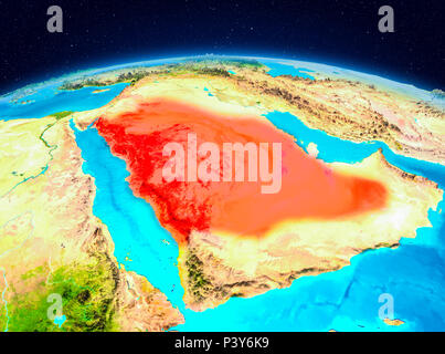 Satellitenansicht von Saudi-arabien in Rot hervorgehoben auf dem Planeten Erde. 3D-Darstellung. Elemente dieses Bild von der NASA eingerichtet. Stockfoto