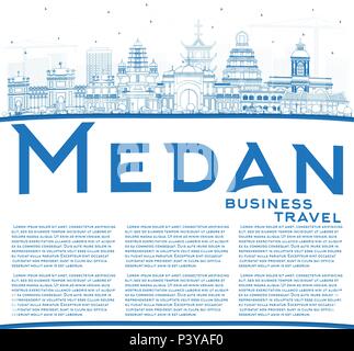 Umrisse Medan Indonesien Skyline der Stadt mit blauen Gebäude und Kopieren. Vector Illustration. Business Travel und Tourismus Konzept Stock Vektor