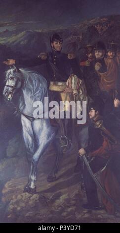 CRUCE DE LOS ANDES DE JOSE DE SAN MARTIN Y Bernardo O'Higgins-OLEO - 1865. Autor: Boneo Martin (1796-1865). Lage: MUSEO HISTORICO NACIONAL, BUENOS AIRES. Stockfoto