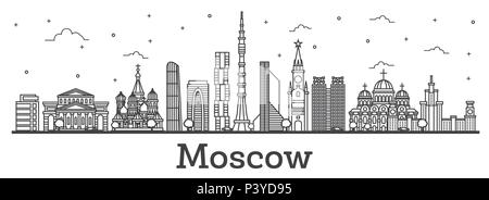 Umrisse Moskau Russland Skyline der Stadt mit modernen und historischen Gebäuden isoliert auf Weiss. Vector Illustration. Moskauer Stadtbild mit Sehenswürdigkeiten. Stock Vektor