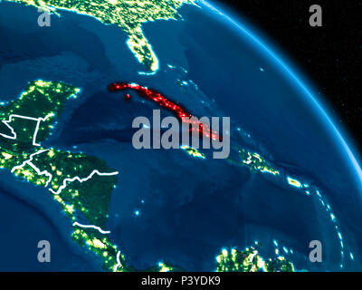 Satellitenansicht von Kuba in Rot hervorgehoben auf dem Planeten Erde bei Nacht mit Grenzen und die Lichter der Stadt. 3D-Darstellung. Elemente dieses Bild eingerichtet Stockfoto