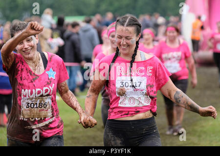 Liebe Kolleginnen die Teilnahme an einem 'Muddy 5 k'Fun Run zugunsten der Krebsforschung Großbritannien Stockfoto