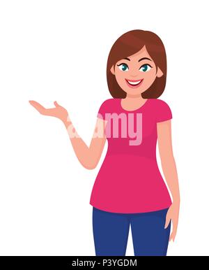 Junge Frau, Hand für etwas präsentieren. Vector Illustration im Cartoon Stil. Stock Vektor