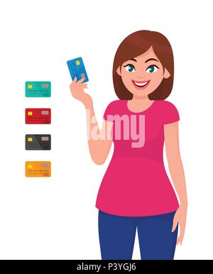 Junge Frau mit und mit Kreditkarte oder Lastschrift Warenkorb. Banking und Zahlung Konzept. Mehrere Kreditkarten. Vector Illustration im Cartoon Stil. Stock Vektor