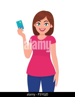 Junge Frau mit und mit Kreditkarte oder Lastschrift Warenkorb. Banking und Zahlung Konzept. Vector Illustration im Cartoon Stil. Stock Vektor