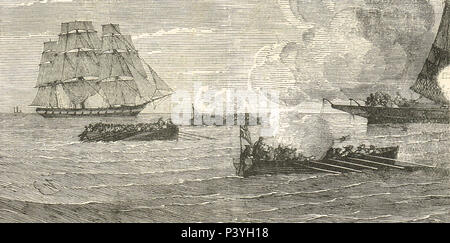 North Channel Naval Duell zwischen USS Ranger und HMS Drake, 24. April 1778, in der Zeit des amerikanischen Unabhängigkeitskriegs Stockfoto