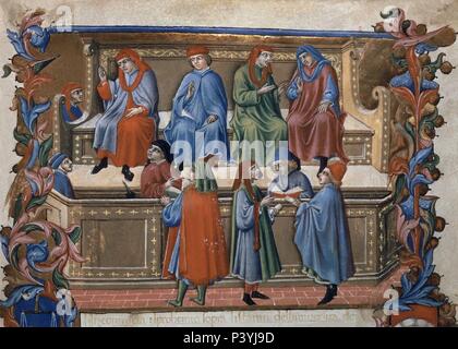 MINIATURA - EL TRIBUNAL DE COMERCIO DE SIENA - ESTATUTOS DE MERCANCIAS - 1472. Autor: Sano di Pietro (1406-1481). Lage: ARCHIVO DEL ESTADO, Siena, Italien. Stockfoto