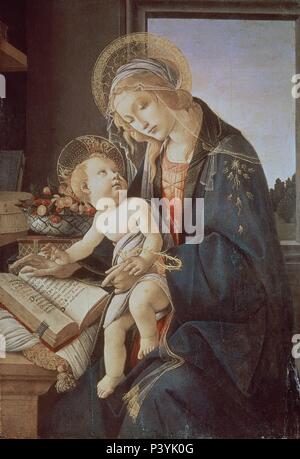 Die Jungfrau Maria lehre das Jesuskind zu Lesen - 1480 - 58 x 39,6 cm, Öl auf Leinwand. Autor: Sandro Botticelli (1445-1510). Lage: MUSEO Poldi Pezzoli, MAILAND, ITALIEN. Auch als: MADONA DEL LIBRO, LA VIERGE APPRENANT EIN LIRE L'enfant Jesus bekannt. Stockfoto