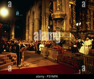 Rede von Juan Carlos für Papst Johannes Paul II. Santiago de Campostella. Kathedrale von La Coruna. Lage: CATEDRAL - INTERIEUR, SANTIAGO DE COMPOSTELA, La Coruña, Spanien. Stockfoto