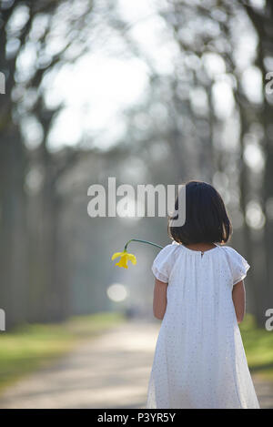 Süße asiatische Mädchen in einem weißen Kleid zu Fuß auf einen Weg in die Perspektive in einem Park in der schönen Frühlingssonne Holding eine gelbe Blume Stockfoto