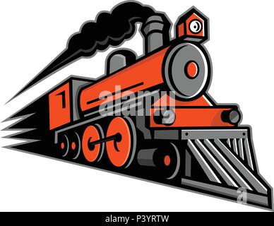 Maskottchen Symbol Abbildung einer alten Dampflokomotive oder Zug Schnellfahren in voller Geschwindigkeit kommt der Betrachter auf isolierten Hintergrund im Retro Style. Stock Vektor