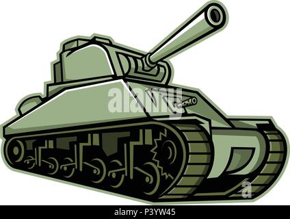 Maskottchen Symbol Abbildung eines M4 Sherman, die am weitesten verbreitete Medium Tank durch die Vereinigten Staaten und die westlichen Alliierten im Zweiten Weltkrieg von einem niedrigen gesehen Stock Vektor