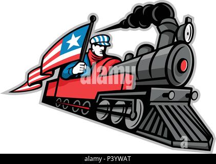 Maskottchen Symbol Abbildung einer alten Dampflokomotive oder Zug mit einem Lokführer, Ingenieur oder Mechaniker Holding eine amerikanische Sternenbanner Flagge o Stock Vektor