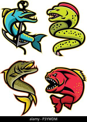 Maskottchen Symbol Abbildung der wilden und gefürchteten Fische wie die Barracuda, Moray, Aal, Hecht oder muskellunge Fische, Piranha, pirana oder Stock Vektor