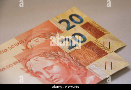 Dinheiro do Brasil, notas de Real, moeda Brasileira. Na Foto, cédulas de 20 Reais. Stockfoto