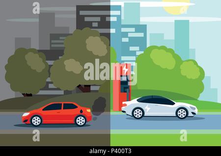 Abbildung: Vergleich zwischen elektrischen Umweltfreundlich und Gas umweltschädliche Autos. Stock Vektor