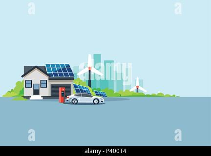 Flache Vector Illustration eines Elektroautos an der Ladestation geparkt in der Nähe Haus mit Solarzellen und Windkraftanlagen zur Stromerzeugung. Stock Vektor