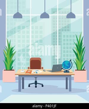 Der Innenraum des Büro, mit einem Arbeitsplatz, große Panoramafenster und Blick auf die Skyline der Stadt. Vektor im Comic-stil. Stock Vektor