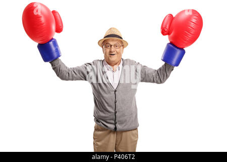 Reifen Mann mit ein paar grosse Boxhandschuhe seinen Bizeps isoliert auf weißem Hintergrund Verwindung Stockfoto