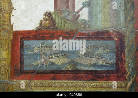 Naval Szene in der römischen Fresko in der ixion Zimmer im Haus der Vettii (Casa dei Vettii) in die archäologische Stätte von Pompeji (Pompei) in der Nähe von Neapel, Kampanien, Italien dargestellt. Stockfoto