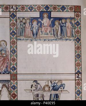 MTI 1 - CANTIGA DE SANTA MARIA - Nº 10-F74V-CANTIGA DE LOOR - DEESIS, CORTE CELESTIAL - MINIATURA SIGLO XIII. Autor: Alfons X. von Kastilien, der Weise (1221-1284). Lage: MONASTERIO - BIBLIOTECA - COLECCION, SAN LORENZO DEL Escorial, Madrid, Spanien. Stockfoto