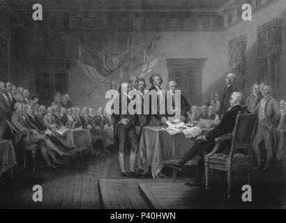 Die Unterzeichnung der Erklärung der Unabhängigkeit, 4. Juli 1776 - 1870-Gravur. Autor: John Trumbull (1756-1843). Auch als: FIRMA DEL ACTA DE INDEPENDENCIA DE ESTADOS UNIDOS EL 4 Julio 1776 bekannt. Stockfoto