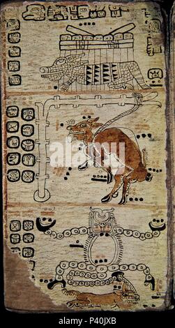 Seite des Codex Tro-Cortesianus. Faksimile. Seite des Codex Tro-Cortesianus. Maya Kultur. Fantasy Geschöpfe. Lage: das Museo DE AMERICA - COLECCION, MADRID, SPANIEN. Stockfoto