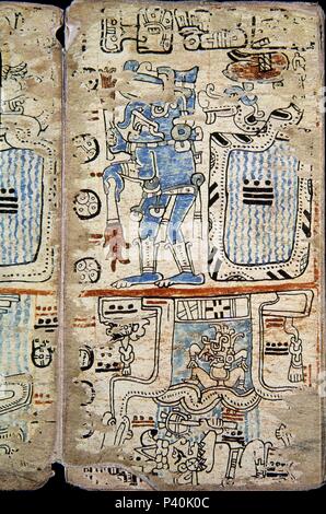 . Faksimile. Seite des Codex Tro-Cortesianus: Götter. Maya Kultur. 13. und 15. Jahrhundert. Madrid, Museum von Amerika. Lage: das Museo DE AMERICA - COLECCION, MADRID, SPANIEN. Stockfoto
