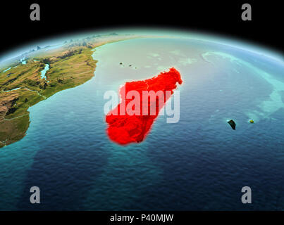 Morgen über Madagaskar in Rot hervorgehoben auf dem Modell des Planeten Erde im Weltraum. 3D-Darstellung. Elemente dieses Bild von der NASA eingerichtet. Stockfoto