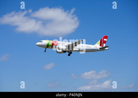 Eine TAP Air Portugal Airbus A 320-214 Flugzeuge, Registrierungsnummer CS-TNN, nähert sich eine Landung. Stockfoto