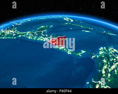 Orbit Ansicht von Nicaragua in Rot hervorgehoben mit sichtbaren Grenzen und die Lichter der Stadt auf dem Planeten Erde bei Nacht. 3D-Darstellung. Elemente dieses Bild Stockfoto