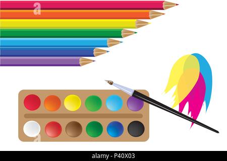 Vector Illustration mit Szene der Stifte und Farben mit Pinsel des Künstlers auf weißem Hintergrund Stock Vektor