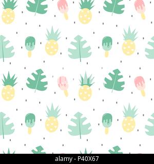 Niedlich bunten Sommer nahtlose Vektor Muster Hintergrund Abbildung mit exotischen Blätter, Ananas und Eis Stock Vektor