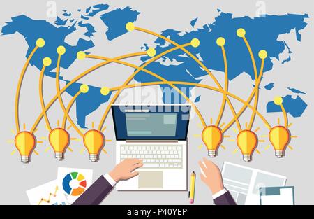 Gebäude online Business Konzept. Arbeitsplatz und viele Idee, Glühbirnen, die aus der ganzen Welt. Geschäftsmann am Schreibtisch vor dem Laptop sitzen Stock Vektor