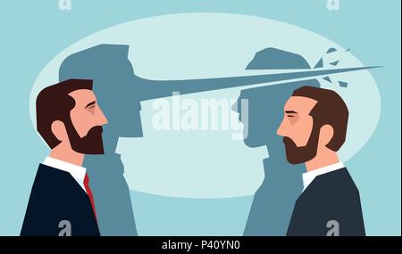 Psychologie der Lügen Konzept. Mann mit langen Nase einen anderen Kerl liegen Stock Vektor