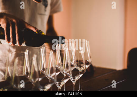 Barkeeper gießt weißen Wein in Gläsern auf hölzernen Tresen. Weinberg mit Weinprobe. Stockfoto